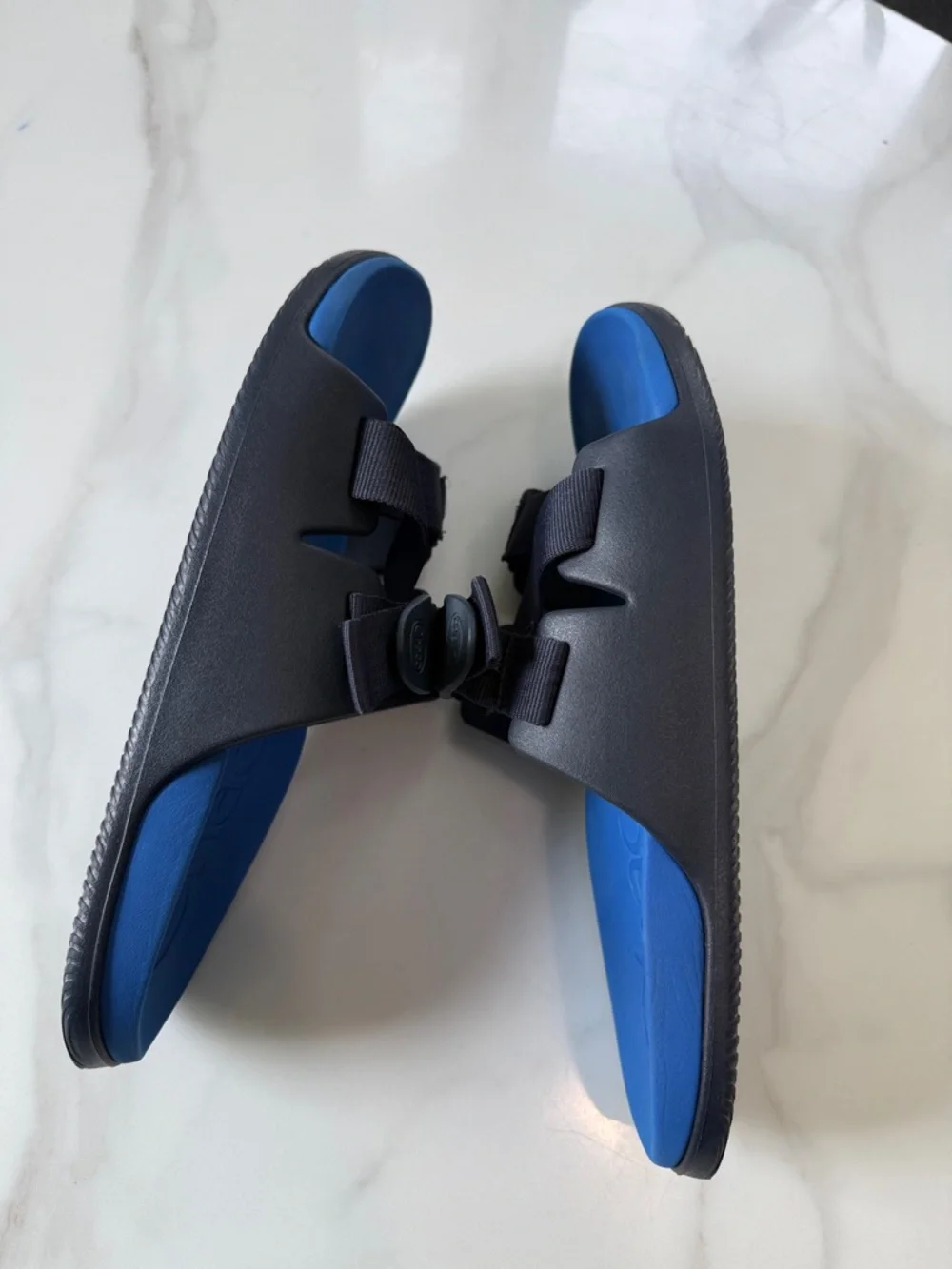 Chaco Blue Slide Sandals with Black Webbing Straps